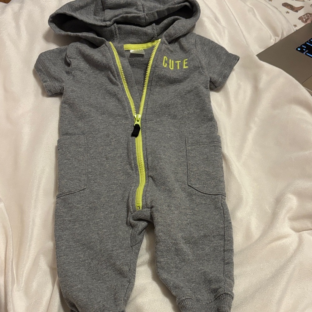 Carter's Grey Hooded Baby One-Piece with Lime Zipper